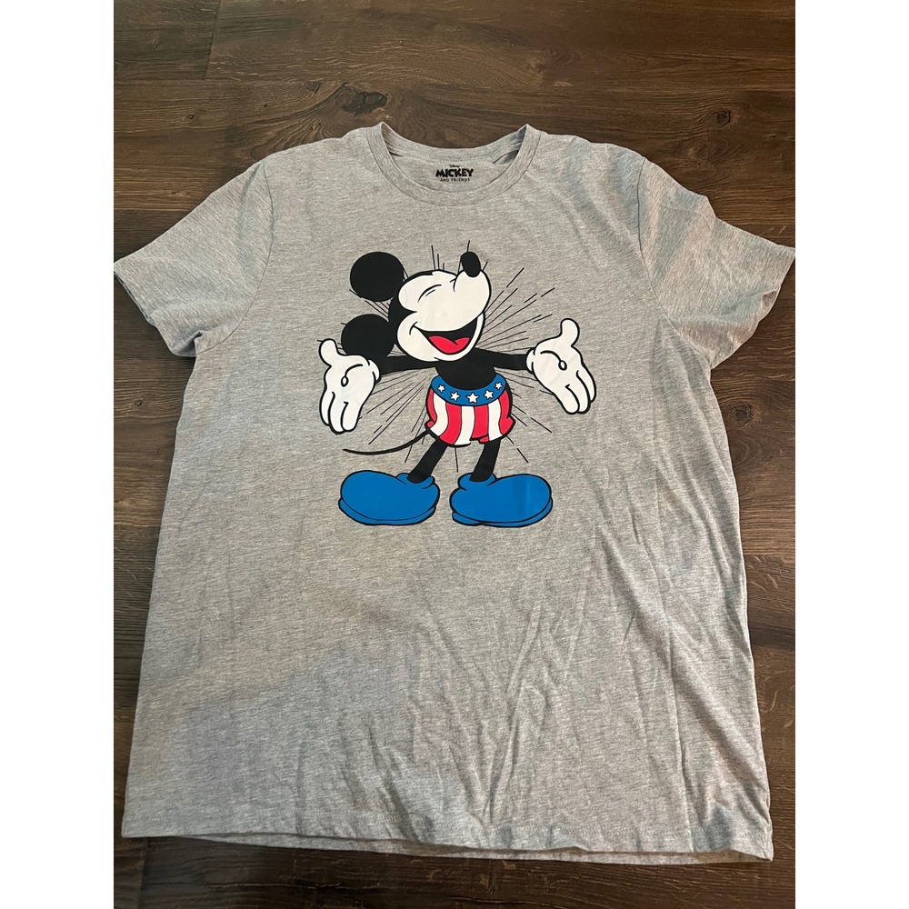 Disney Mickey Mouse Patriotic Stars Stripes Graphic Tee Gray XL Heathered Shirt